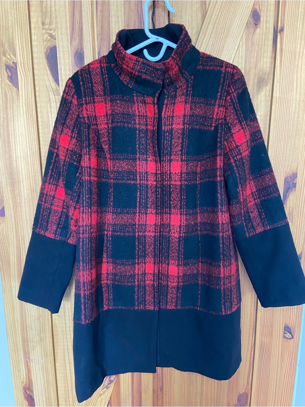 Tribal Red & Black lined Plaid Pea Coat with pockets and front buttons